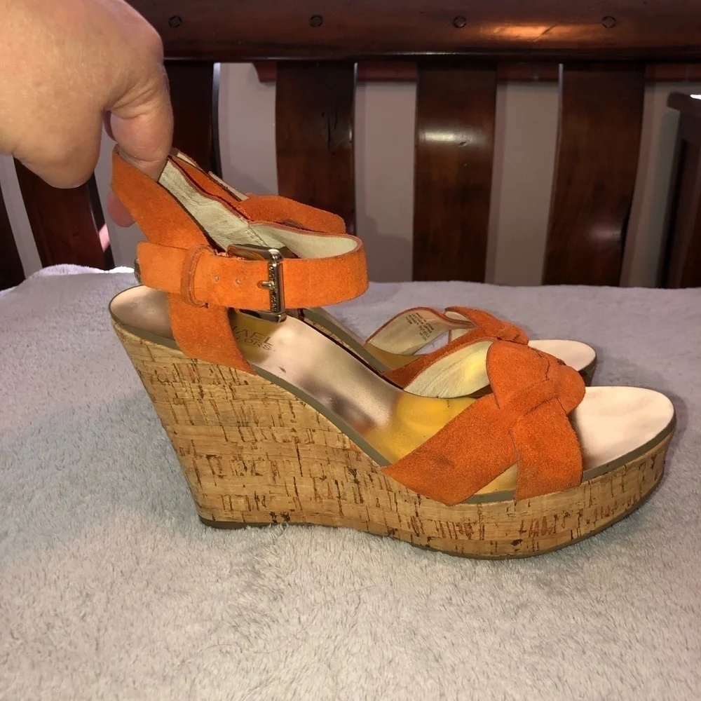 MICHAEL Michael Kors Orange Suede Amber Cork Wedge Ankle Strap Sandals